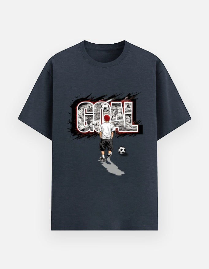 Print 999 charcoal grey cotton t-shirt featuring a graphic of a soccer player and the word GOAL in bold lettering.