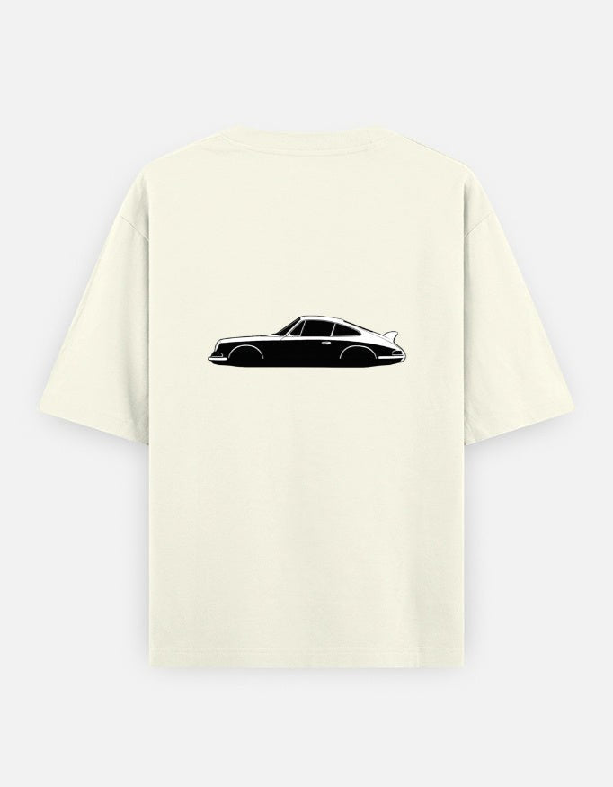 Print 999 cream heavyweight cotton oversized t-shirt with a black vintage car graphic on the back