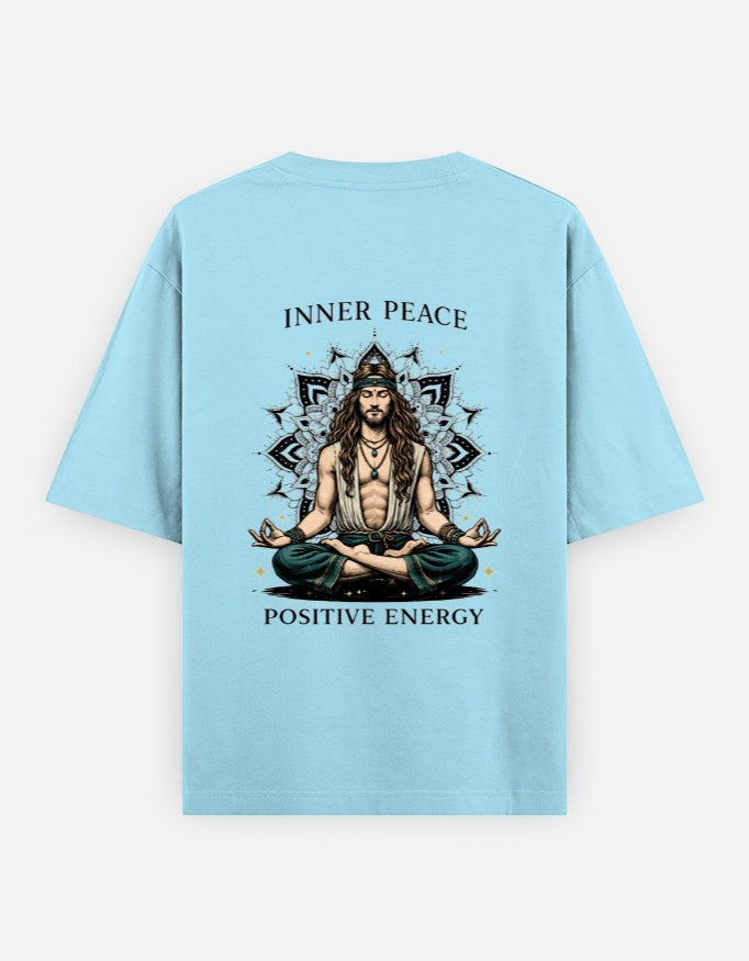 Print 999 light blue oversized heavyweight cotton t-shirt featuring a back print of a man meditating in a mandala.