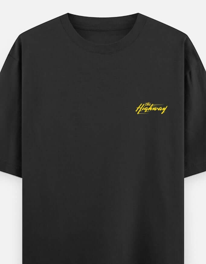 Oversized biker t-shirt with large Highway Rush back graphic and small chest logo. Premium motorcycle lifestyle apparel designed for riders, road trips, touring enthusiasts, and streetwear lovers.