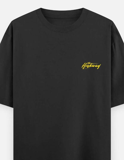 Oversized biker t-shirt with large Highway Rush back graphic and small chest logo. Premium motorcycle lifestyle apparel designed for riders, road trips, touring enthusiasts, and streetwear lovers.