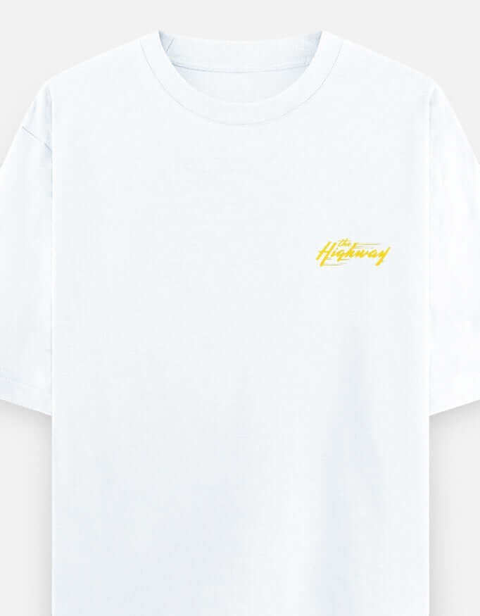 Premium oversized biker t-shirt featuring a minimalist yellow Highway Rush chest logo on heavyweight 240 GSM cotton. Unisex streetwear inspired by motorcycle touring, road trips, and rider culture.