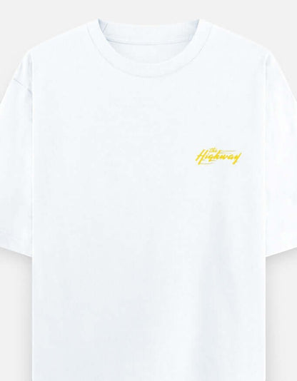 Premium oversized biker t-shirt featuring a minimalist yellow Highway Rush chest logo on heavyweight 240 GSM cotton. Unisex streetwear inspired by motorcycle touring, road trips, and rider culture.