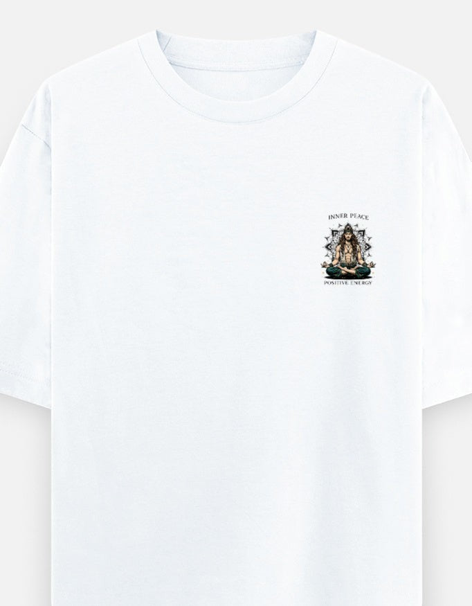 Print 999 white oversized heavyweight cotton t-shirt featuring a small spiritual meditation chest emblem