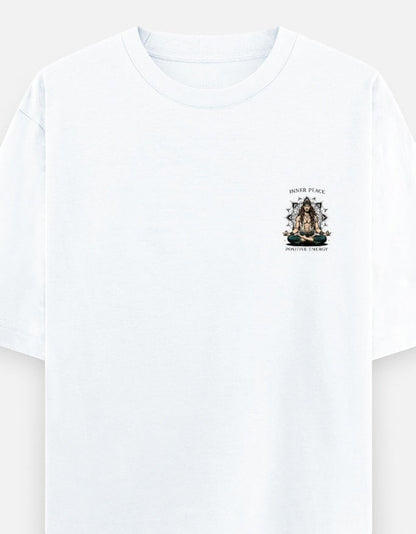 Print 999 white oversized heavyweight cotton t-shirt featuring a small spiritual meditation chest emblem