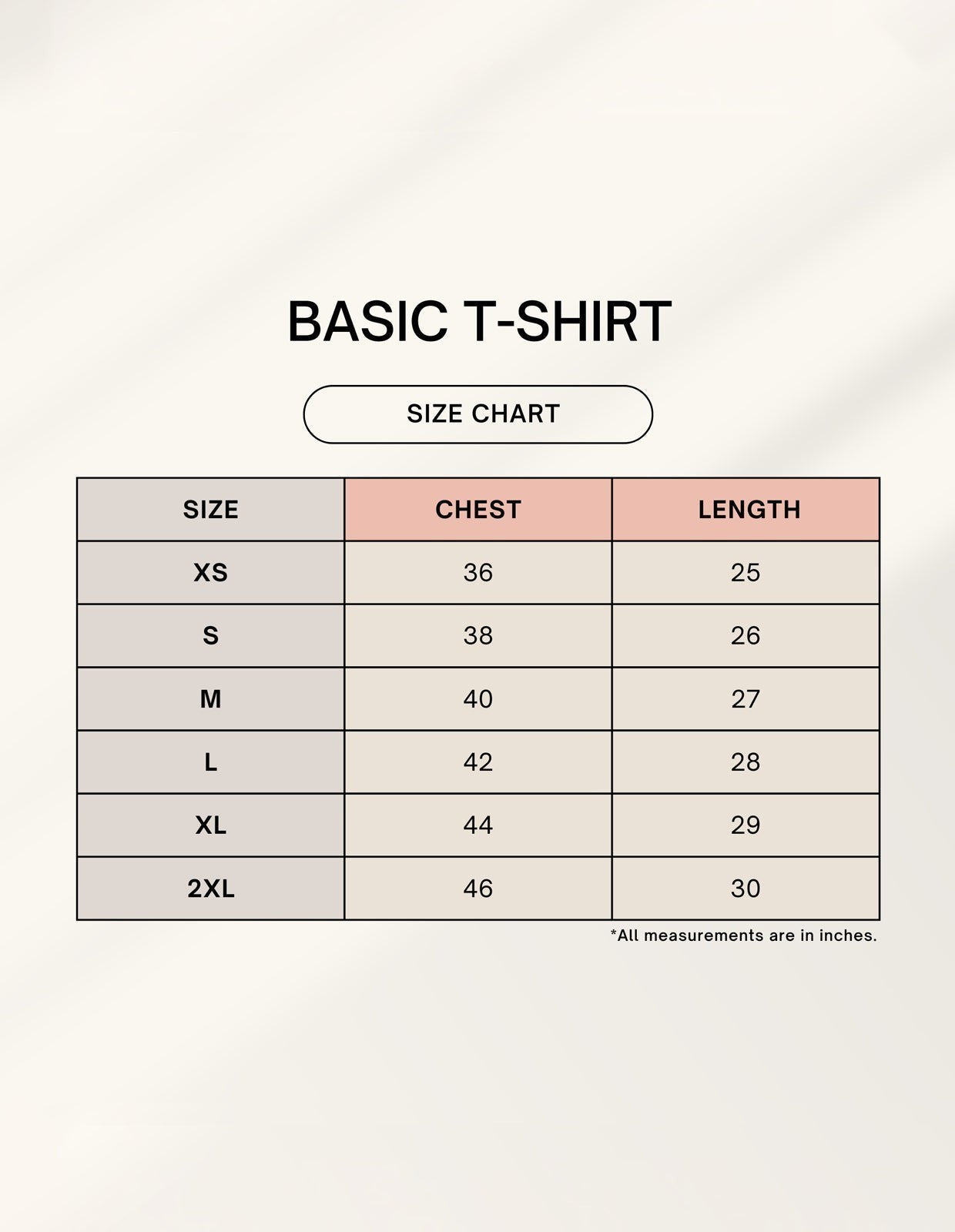 Print 999 basic t-shirt size chart with chest and length measurements in inches for sizes XS to 2XL.