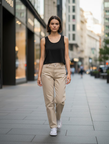Print 999 black cotton crop tank top worn by a woman with beige trousers on a city street