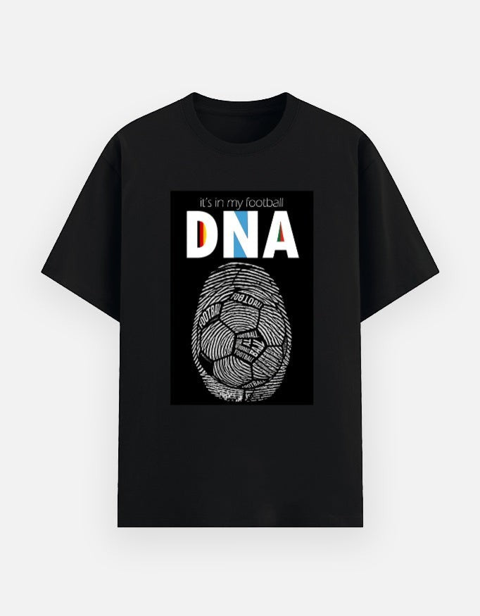 Print 999 black cotton crewneck t-shirt featuring a white football fingerprint graphic and DNA text design.