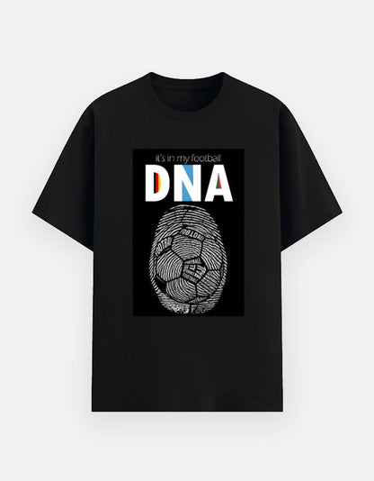 Print 999 black cotton crewneck t-shirt featuring a white football fingerprint graphic and DNA text design.