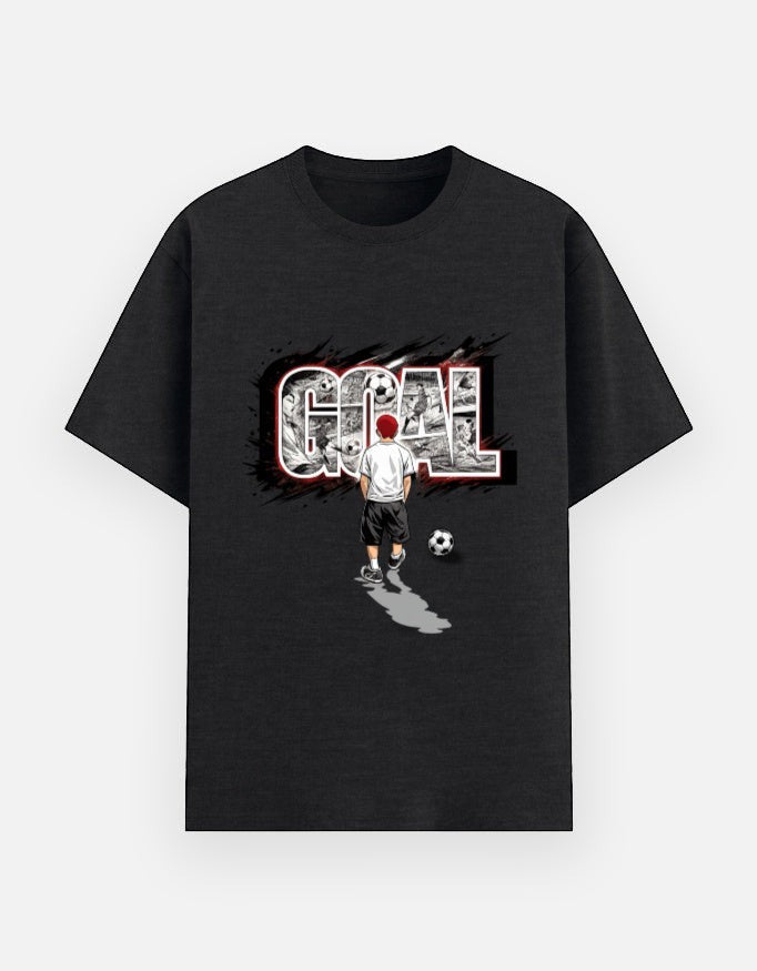 Print 999 black cotton t-shirt featuring a graphic of a football player and the word GOAL in a bold, artistic style.