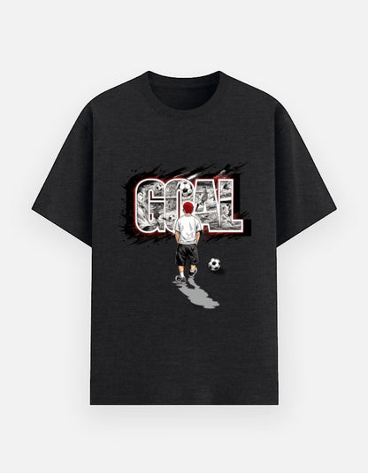 Print 999 black cotton t-shirt featuring a graphic of a football player and the word GOAL in a bold, artistic style.