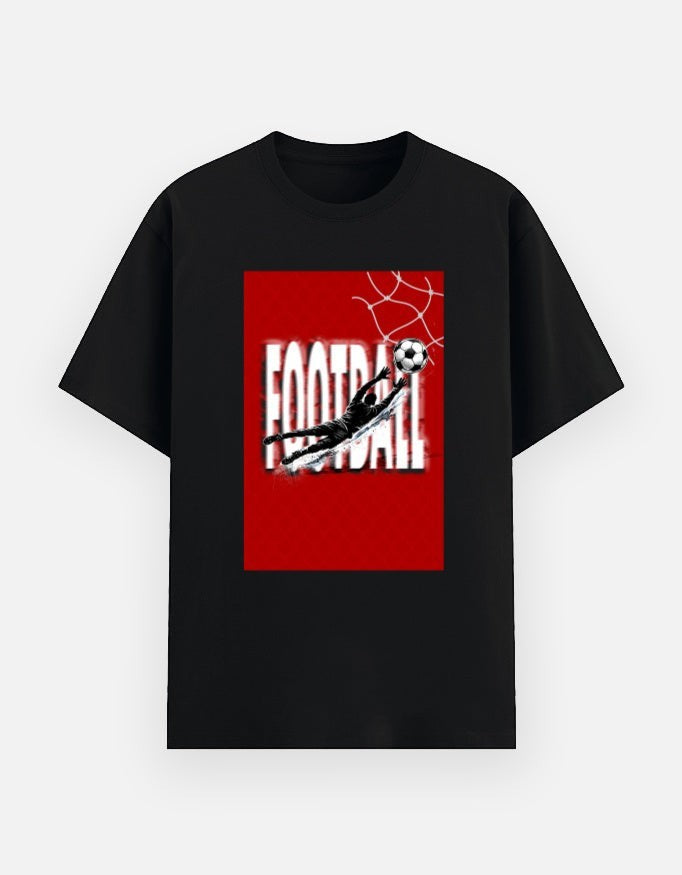 Print 999 black poly-cotton t-shirt featuring a red graphic of a goalkeeper making a save with football text