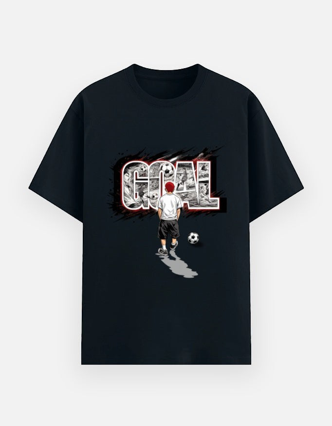 Print 999 black cotton crew neck t-shirt featuring a graphic of a football player and the word GOAL.