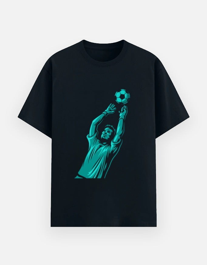 Print 999 black cotton crew neck t-shirt featuring a teal graphic of a goalkeeper making a save with a soccer ball.