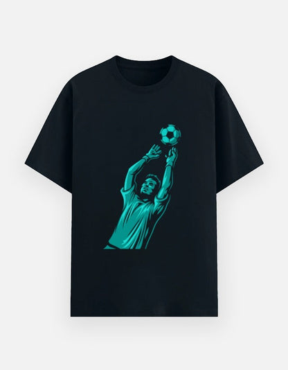 Print 999 black cotton crew neck t-shirt featuring a teal graphic of a goalkeeper making a save with a soccer ball.