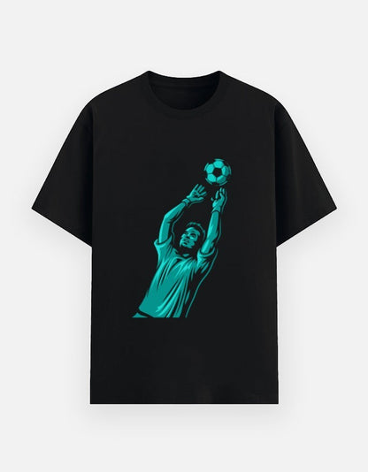 Print 999 black cotton crew neck t-shirt featuring a teal graphic of a soccer goalkeeper catching a ball.