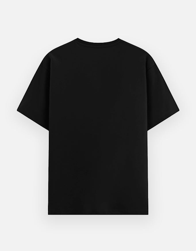 Print 999 black crew neck graphic t-shirt featuring a back view of the soft cotton fabric.