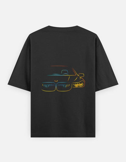 Print 999 black oversized cotton t-shirt featuring a neon-style outline graphic of a car front on the back.