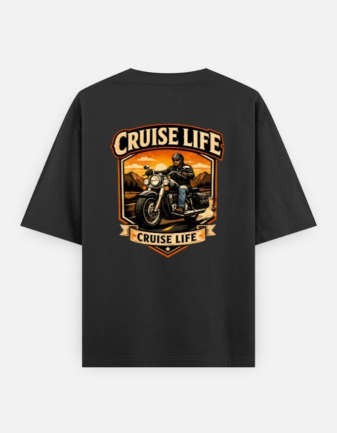 Print 999 black oversized cotton t-shirt featuring a graphic of a motorcyclist on a road trip with Cruise Life text.