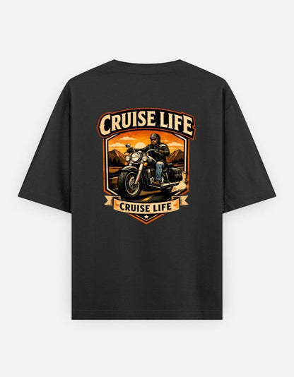 Print 999 black oversized cotton t-shirt featuring a graphic of a motorcyclist on a road trip with Cruise Life text.
