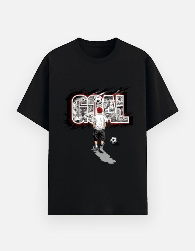 Print 999 black cotton t-shirt featuring a graphic of a soccer player and the word GOAL in a bold, artistic style.