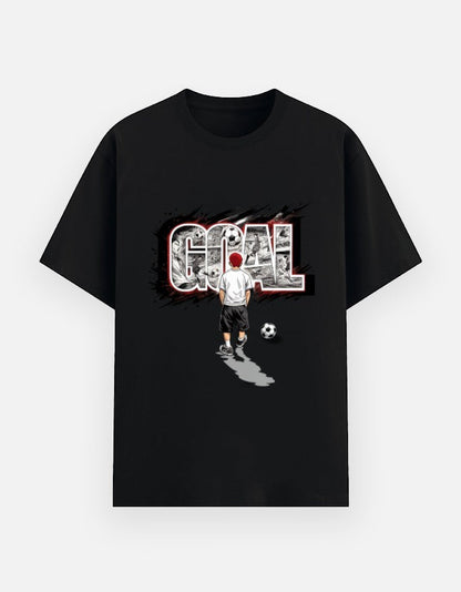 Print 999 black cotton t-shirt featuring a graphic of a soccer player and the word GOAL in a bold, artistic style.