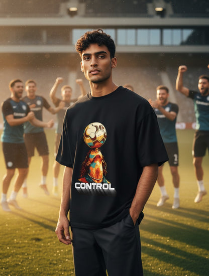 Print 999 black graphic t-shirt featuring a soccer player balancing a ball on their head with the word Control.