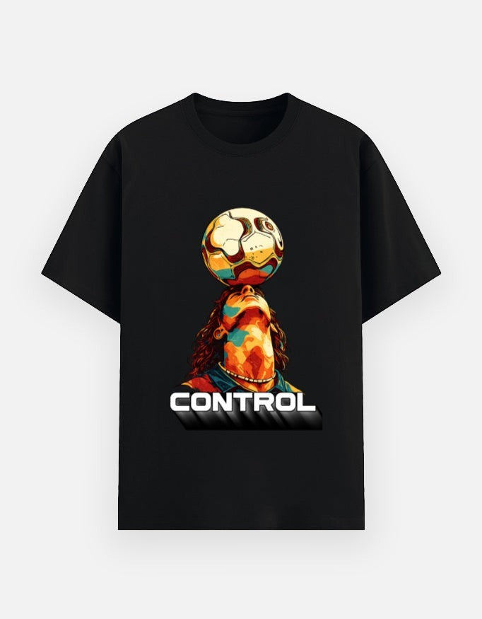 Print 999 black unisex poly-cotton graphic t-shirt featuring a colorful soccer player balancing a ball on his head.