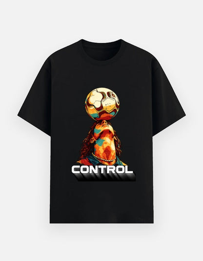 Print 999 black unisex poly-cotton graphic t-shirt featuring a colorful soccer player balancing a ball on his head.