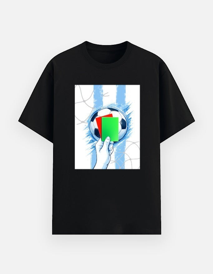 Print 999 black unisex poly-cotton graphic t-shirt featuring a soccer ball and red and green referee cards.