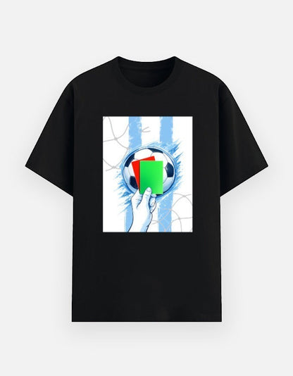 Print 999 black unisex poly-cotton graphic t-shirt featuring a soccer ball and red and green referee cards.