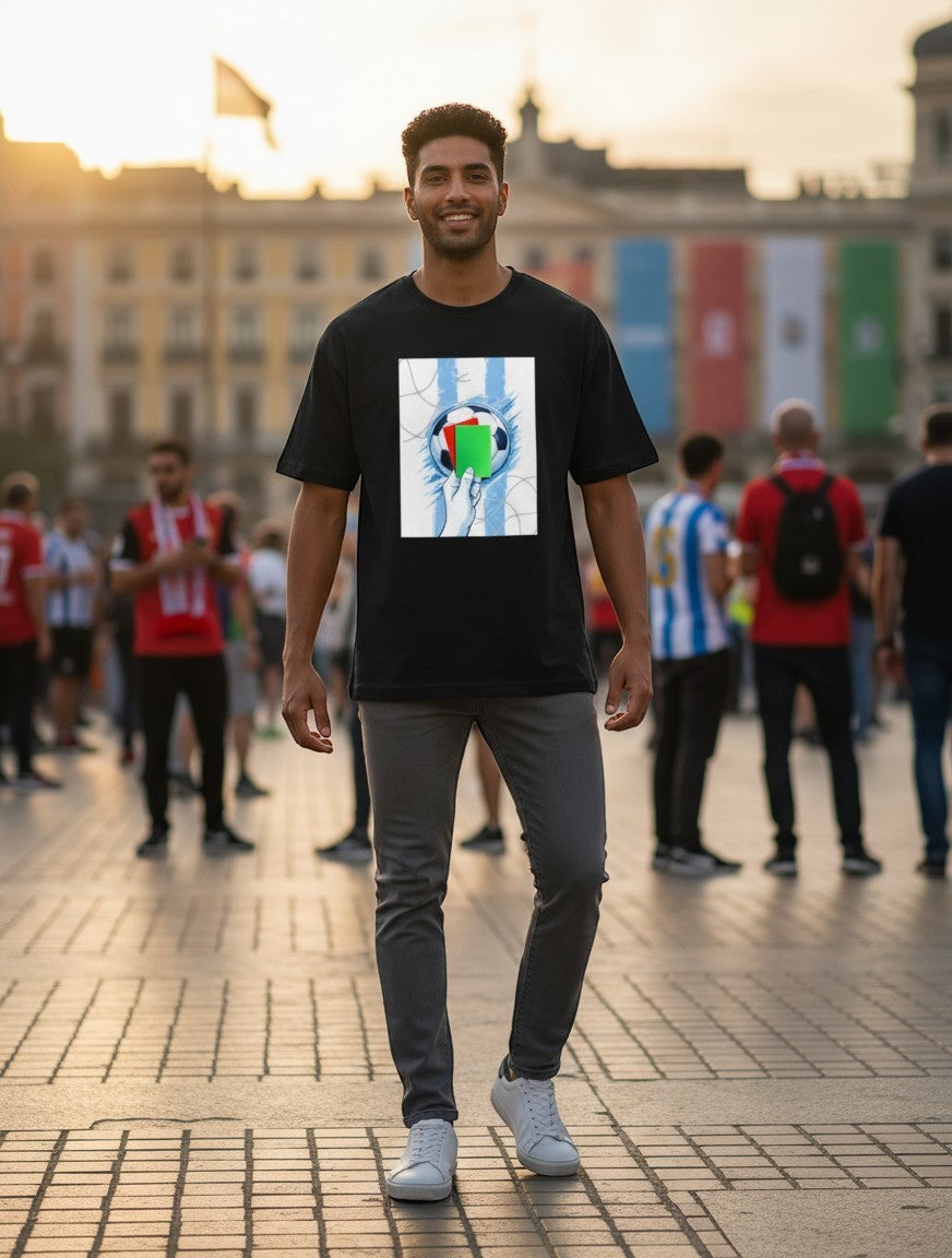 A man wearing a Print 999 black poly-cotton graphic t-shirt featuring a soccer referee card design in a public square.