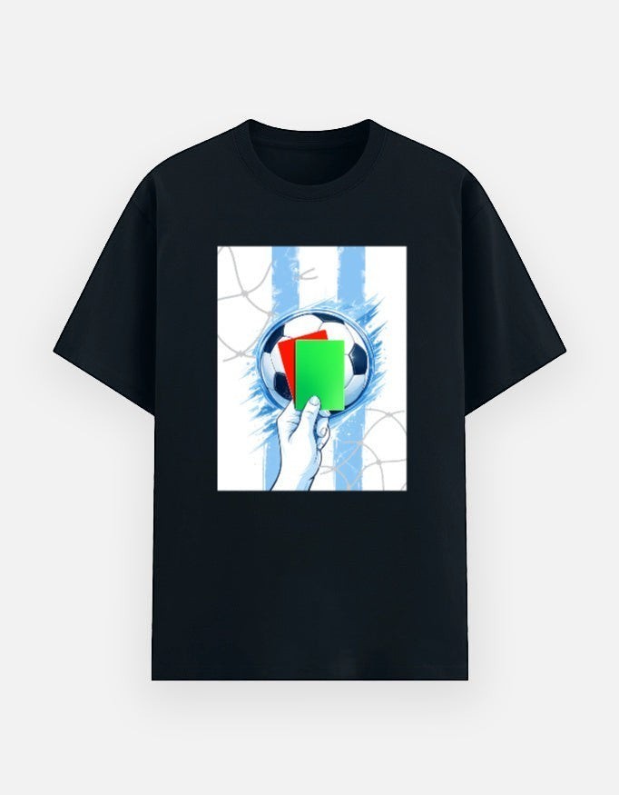 Print 999 black unisex poly-cotton graphic t-shirt featuring a soccer ball and red and green referee cards