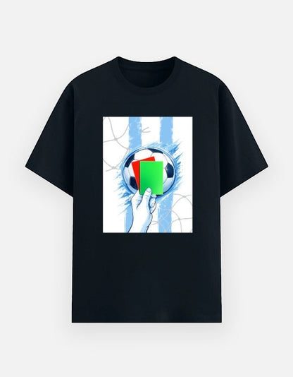 Print 999 black unisex poly-cotton graphic t-shirt featuring a soccer ball and red and green referee cards
