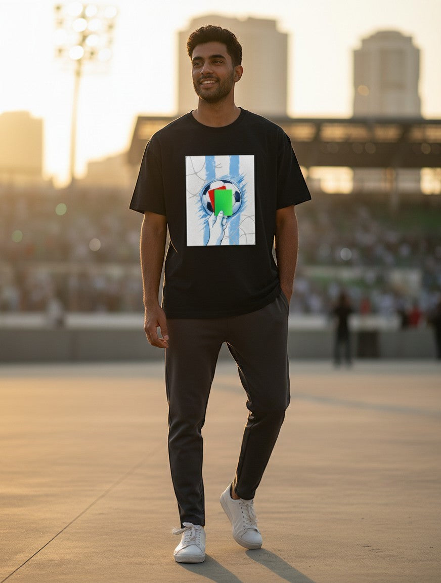 Print 999 black poly-cotton unisex graphic t-shirt featuring a World Cup soccer theme, worn by a man at a stadium.
