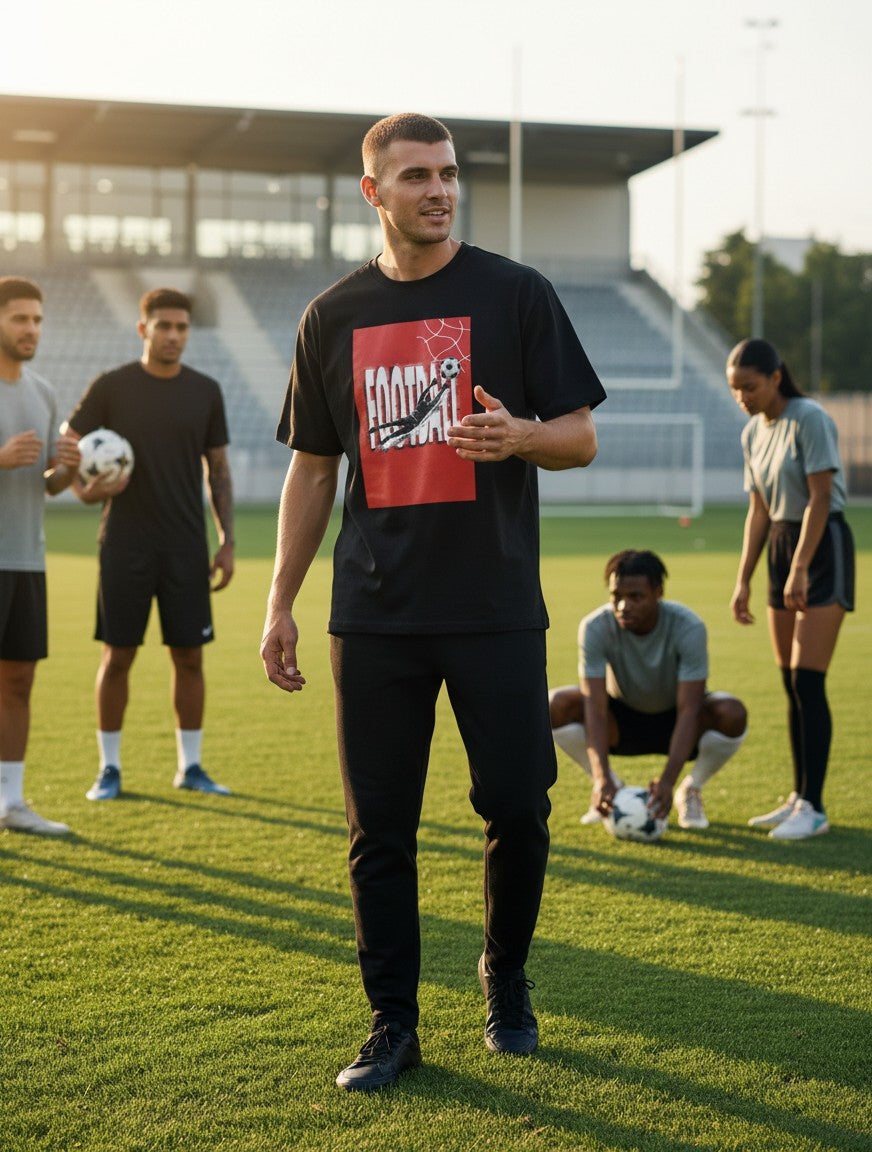 Print 999 black unisex graphic t-shirt featuring a World Cup football design, worn by a man on a soccer field.