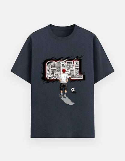 Print 999 charcoal grey cotton t-shirt featuring a graphic of a soccer player and the word GOAL in bold lettering.