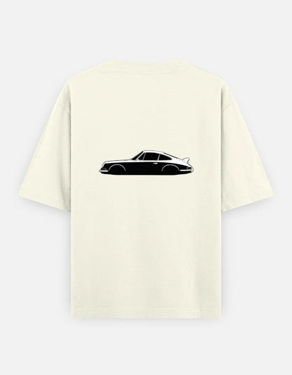 Print 999 cream heavyweight cotton oversized t-shirt with a black vintage car graphic on the back