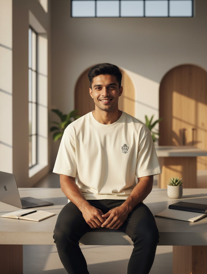 Print 999 unisex oversized cream heavyweight cotton t-shirt with Ganesh line art, worn by a man in a modern office.