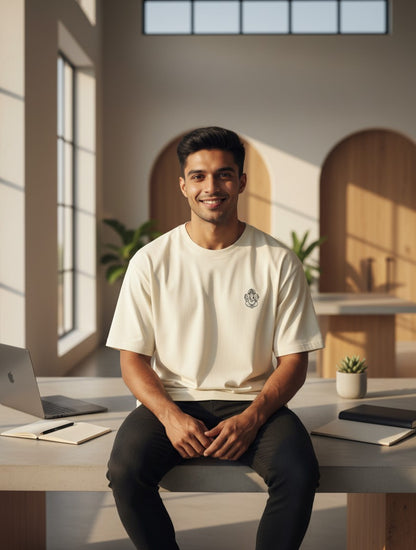 Print 999 unisex oversized cream heavyweight cotton t-shirt with Ganesh line art, worn by a man in a modern office.