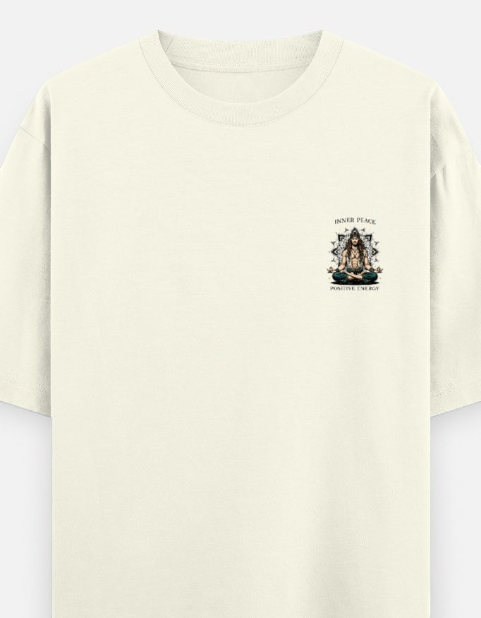 Print 999 cream oversized heavyweight cotton t-shirt with a small spiritual meditation chest emblem.