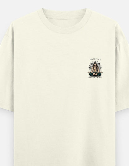 Print 999 cream oversized heavyweight cotton t-shirt with a small spiritual meditation chest emblem.