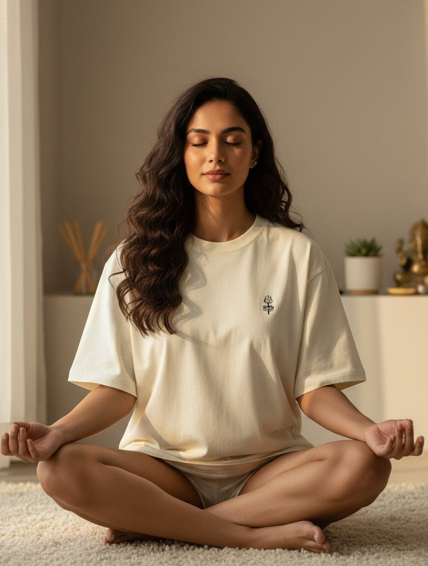 Print 999 cream oversized cotton t-shirt with embroidered Trishul emblem worn by a woman meditating in a calm room.