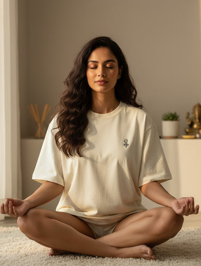 Print 999 cream oversized cotton t-shirt with embroidered Trishul emblem worn by a woman meditating in a calm room.