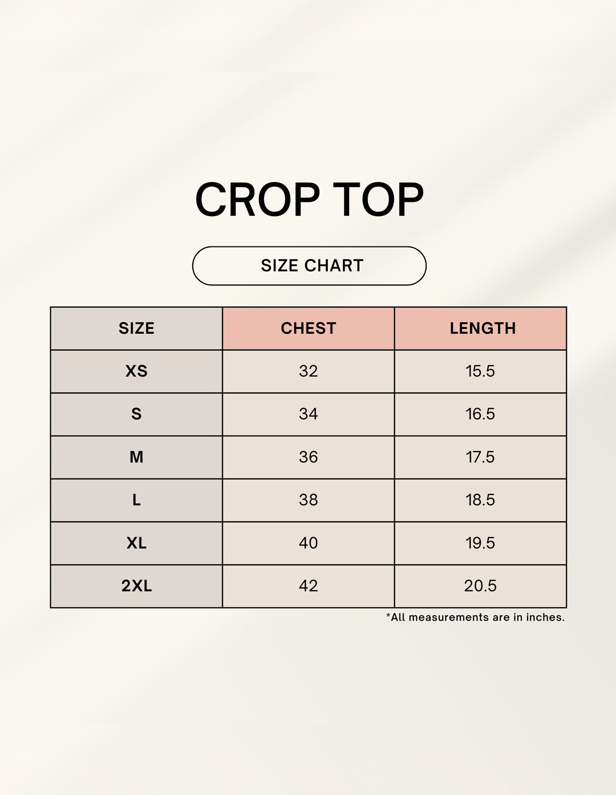Print 999 crop top size chart showing chest and length measurements in inches for sizes XS to 2XL.