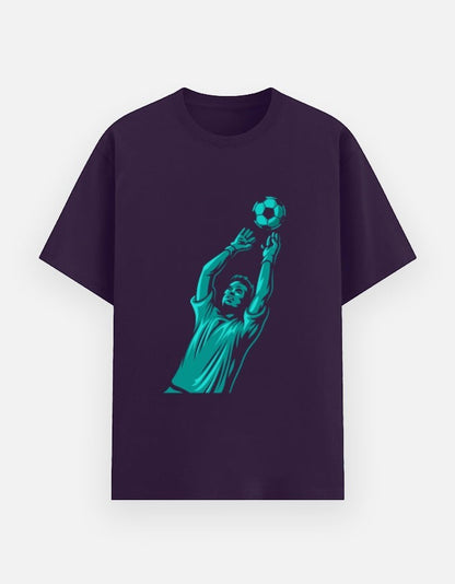 Print 999 dark purple cotton crew neck t-shirt featuring a teal graphic of a goalkeeper catching a soccer ball