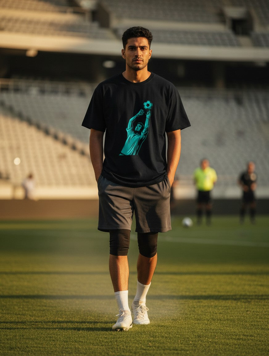 Print 999 EVERY SAVE COUNTS graphic t-shirt in black cotton worn by a man on a soccer field