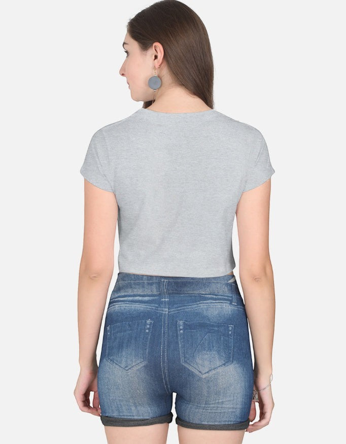 Print 999 grey half-sleeve cotton crop top worn by a woman, back view showing a casual fitted silhouette.