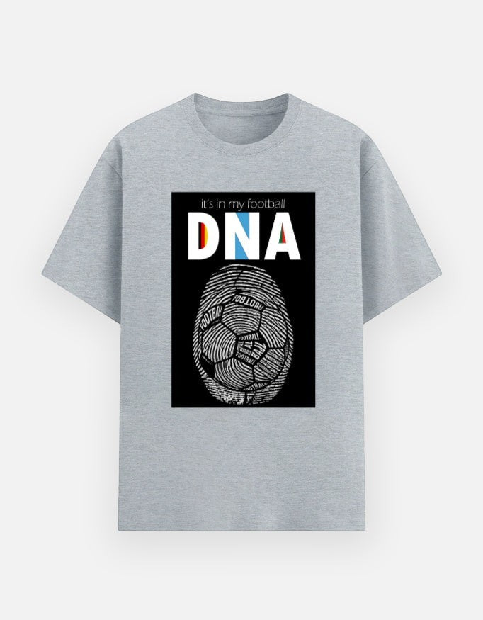 Print 999 grey cotton crewneck t-shirt with a football DNA fingerprint graphic print for sports fans.