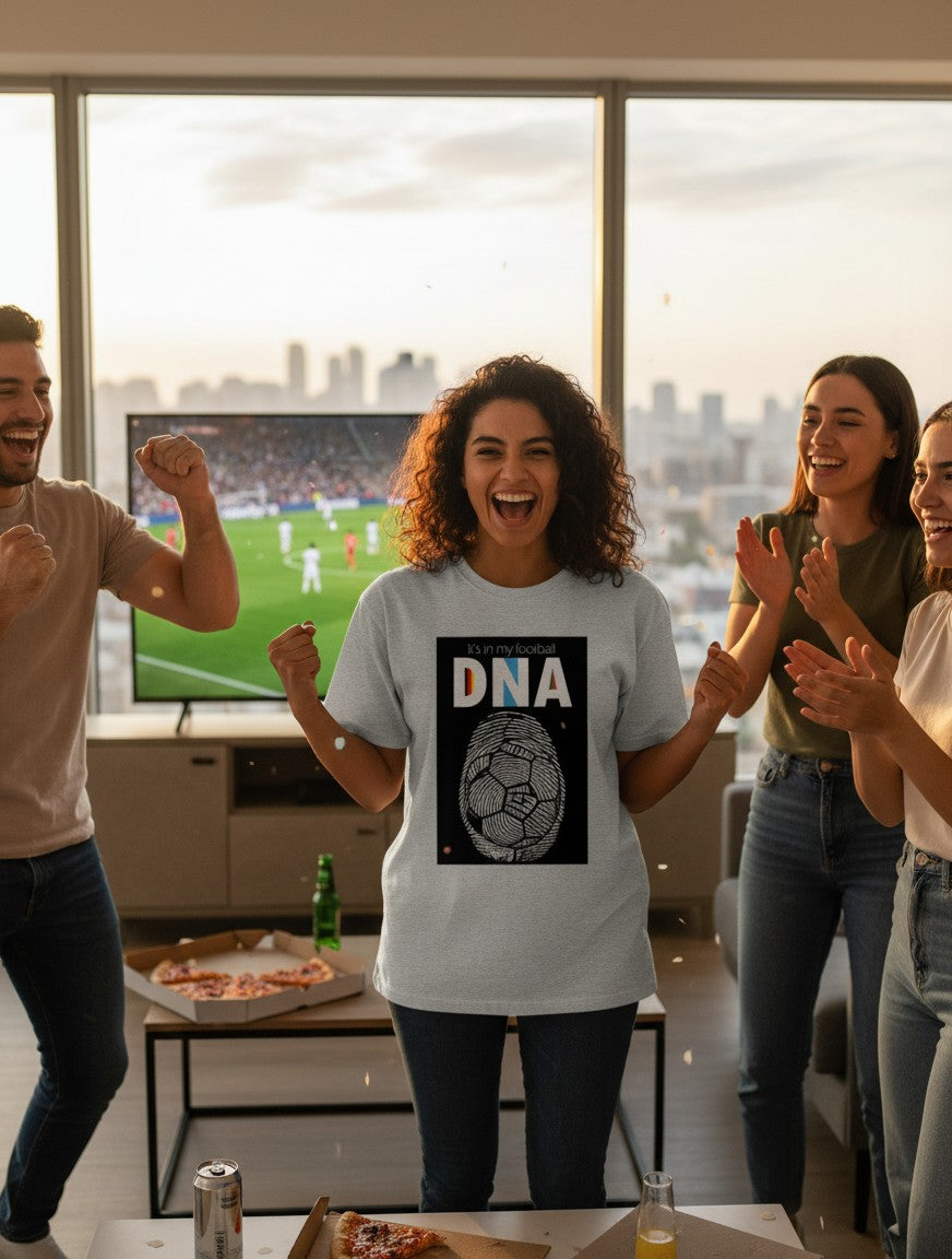 Print 999 grey cotton crewneck t-shirt with football DNA graphic print worn by a woman cheering at a watch party